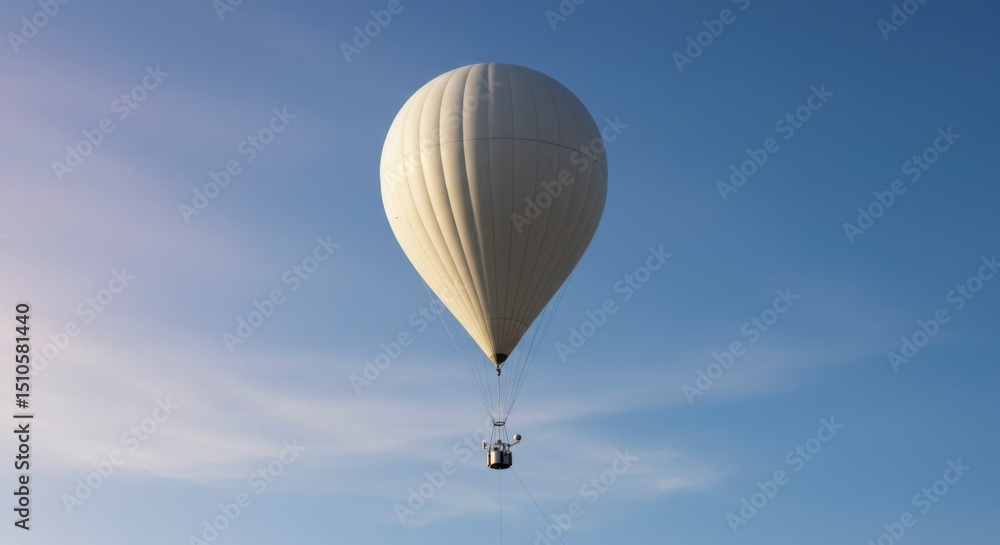 Naklejka premium A large, white hot air balloon floats peacefully against a clear, blue sky with some fluffy clouds