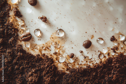 Detailed macro view of coffee grounds and droplets