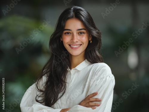 A beautiful young woman with long hair smiling at the camera.