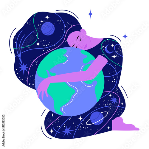 girl hugs planet Earth. The girl's hair and clothes represent the cosmos and the universe. flat, bright drawing with linear cartoon-style elements. stock vector illustration. EPS 10