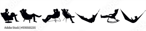 silhouette of people relaxing and resting on chair, hammock, reading and sleeping. People relaxing time.