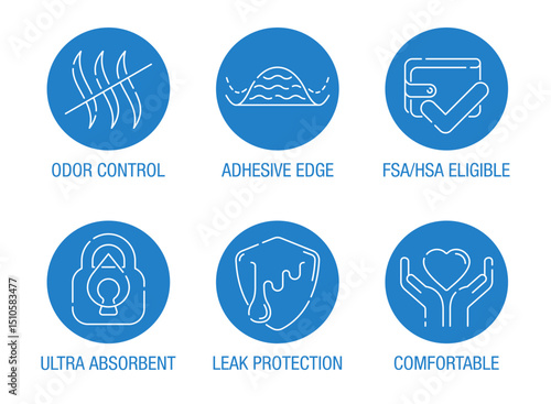 Panty liners properties icons set for labeling in thin line and circle shape