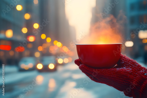 A person in a red glove cradles a steaming bowl as snowflakes drift down in a bustling urban setting. The warm glow from streetlights contrasts with the chilly atmosphere