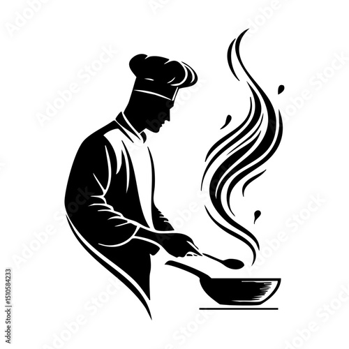 Silhouette vector of a chef cooking with a steaming pan, minimalist black on white.

