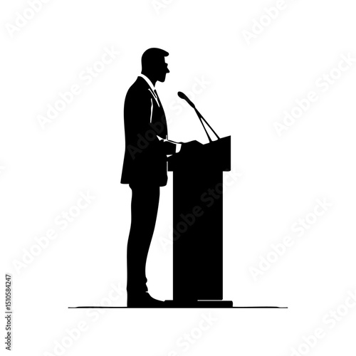 Black silhouette vector of a speaker presenting at a podium.
Professional figure giving a public speech or presentation.


