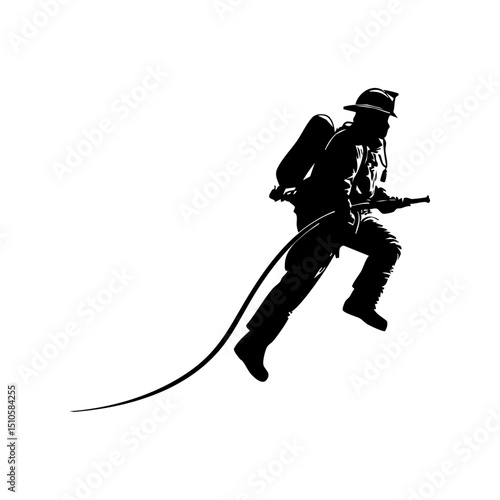 Bold black silhouette of a firefighter in full gear holding a hose. Heroic vector of a fireman mid-action, representing courage and rescue.



