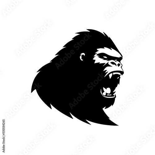 Bold black silhouette of a roaring gorilla head in minimalist style. Aggressive and strong gorilla face logo for branding and sports.



