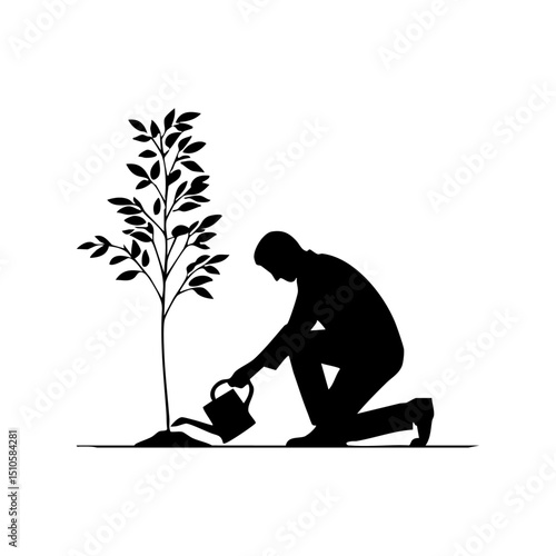 Black silhouette of a person watering a newly planted tree, symbolizing sustainability.

