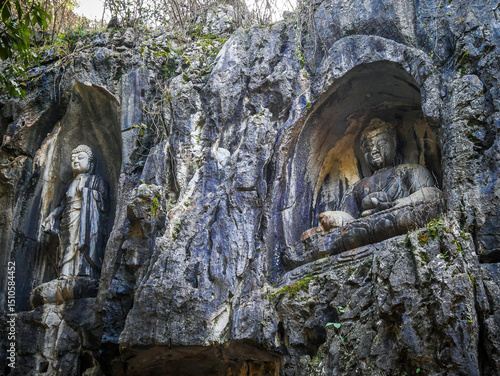 Rock caving scultors at Feilai Feng mountian in Lingyin Temple,One of the largest Buddhist temples in Hangzhou city of China