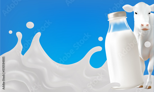 Conceptual image of fresh milk, featuring a white cow standing beside a classic glass milk bottle, both surrounded by dynamic splashes of white milk.clean, bright blue, 