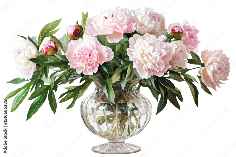 Elegant floral arrangement of pink peonies with lush green leaves in a clear glass vase, ideal for home decor, weddings, celebrations, and sp floral displays Elegant floral arrangement of pink peonies with lush green leaves in a clear glass vase, ideal for home decor, weddings, celebrations, and sp floral displays
