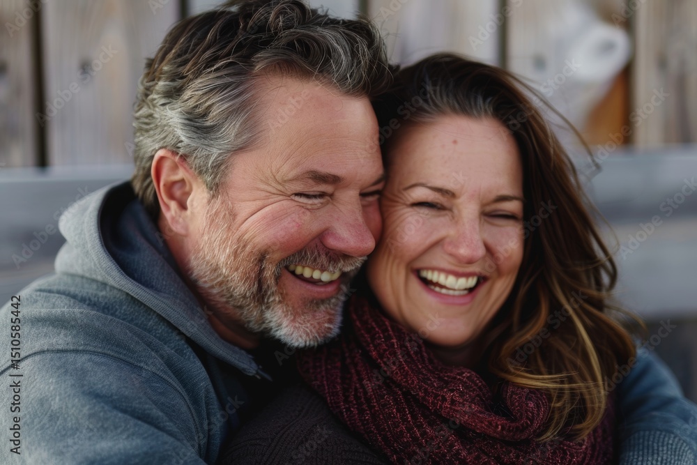 Portrait of a blissful caucasian couple in their 40s laughing Portrait of a blissful caucasian couple in their 40s laughing