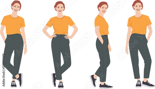 Casual young woman in orange t-shirt and dark pants posing in multiple standing postures flat vector illustration