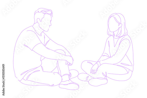 two people sitting and talking together pose lineart illustration