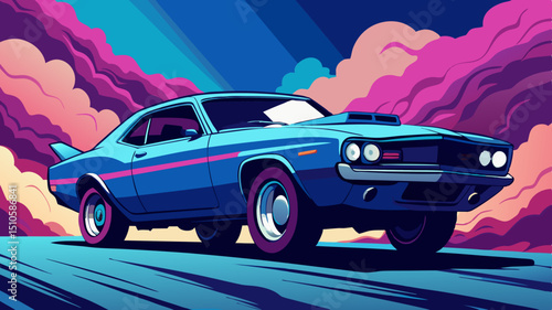 Retro Muscle Car Illustration with Vaporwave Sky and Road Bold Colors and Clean Lines