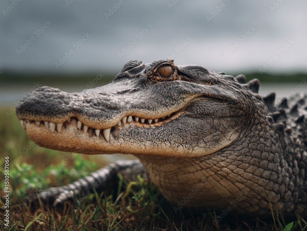 Fototapeta premium An American alligator in its natural habitat, surrounded by marsh plants and water.