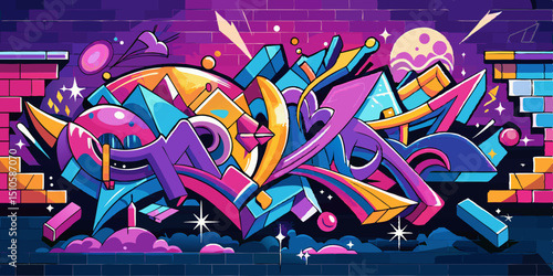 Vibrant Graffiti Art on Brick Wall with Abstract Shapes and Bold Colors Urban Aesthetic