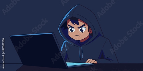 Cartoon Hacker in Hoodie Working on Laptop in the Dark with Suspicious Expression