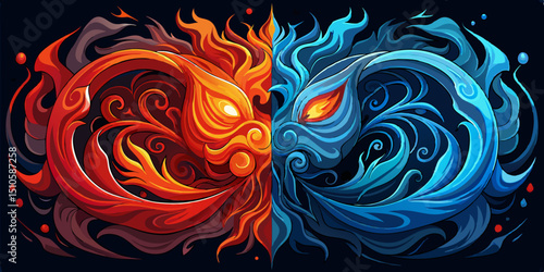 Stylized Fire and Water Creatures Facing Each Other in a Yin Yang Balance