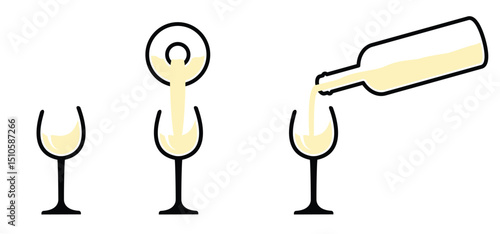 Time to drink. White wine with wine glass, wine bottle. Enjoy and chill, just relax, cheers. Funny wineglass toasting. Happy weekend party idea concept. Pouring a glass of wine.
