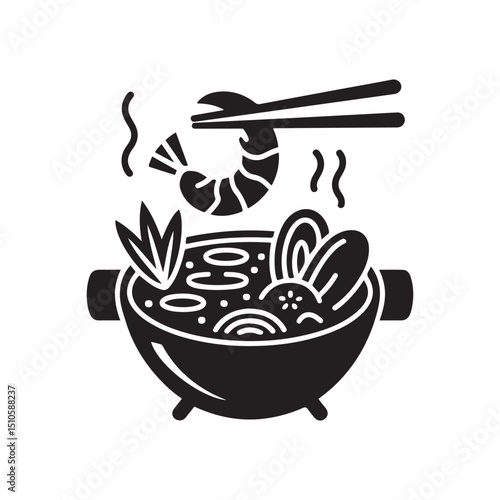 Asian hotpot / hot pot or steamboat line art icon for food apps and websites, Vector black silhouette. with white background