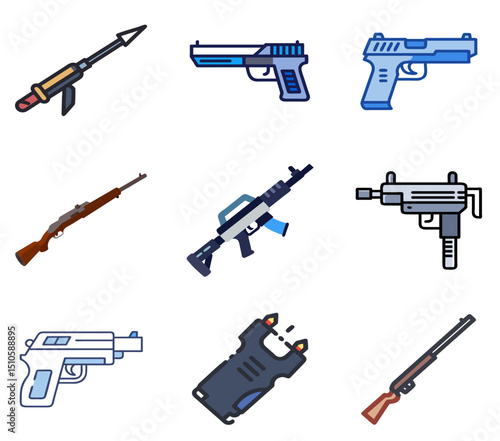 Gun Lineal Color Icons Set 2 – Bold Line & Color Icons for Weapons, Shooting Sports & Military Themes