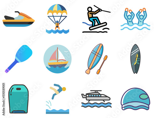 Water Sports Lineal Color Icons Set 1 – Vibrant Outline & Fill Icons for Recreational & Competitive Aquatic Activities