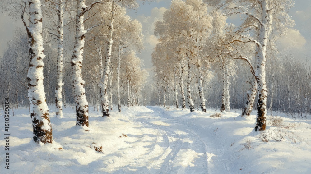Obraz premium Snowy birch trees line a winter path