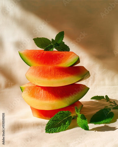 Sliced watermelon stacked on a clean surface