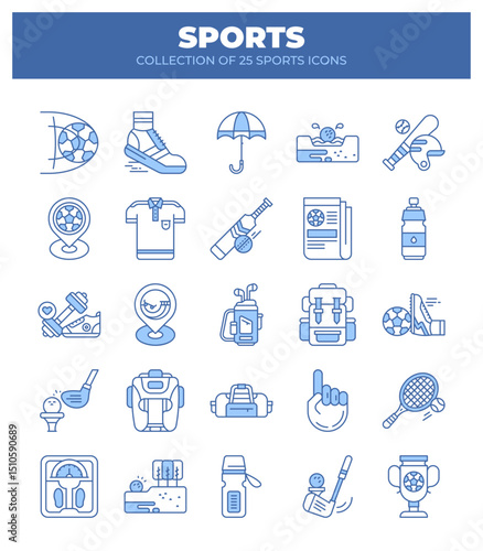 Collection of 25 Sports Icons. Sport Equipment. Uniforms. and Fitness