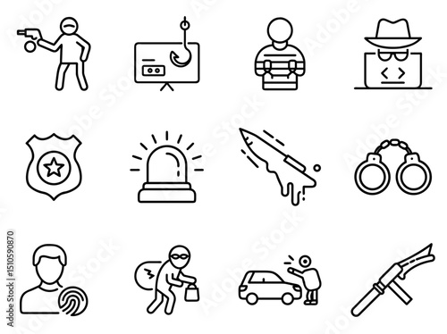 Crime Outline Line Icons Set – Sharp Outline Icons for Law Enforcement, Criminal Activity & Justice Themes