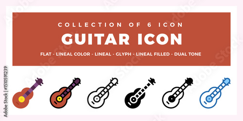 Collection of 6 Guitar Icons. Flat. Lineal. Glyph Styles