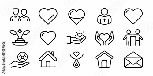 Thin line charity care icon set generous sympathetic design for nonprofit organizations