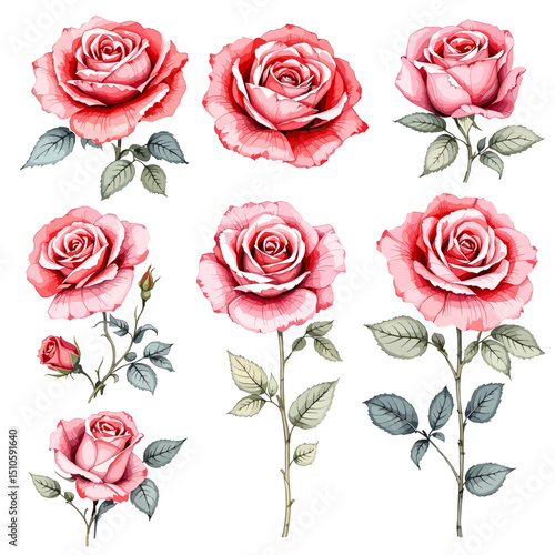 Hand-painted botanical roses with gentle shading and fresh green leaves creating timeless garden charm and natural elegance
