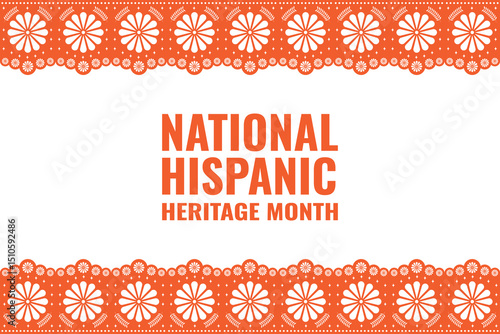 National Hispanic Heritage Month. Vector banner with colorful lacy floral ornament in orange on white background and text.