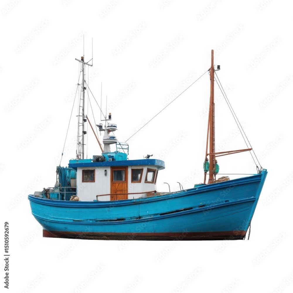 Blue fishing boat isolated cutout on white background Blue fishing boat isolated cutout on white background