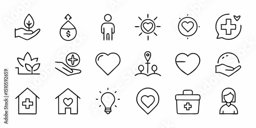 Care icon set thin line charity symbols representing generosity and sympathy