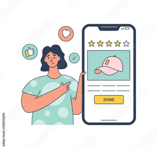 Online shopping app review fashion shop woman mobile phone hat done like heart checkmark stars pink vector art illustrations