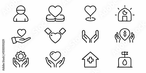 Care icon set thin line charity symbols representing generosity and sympathy
