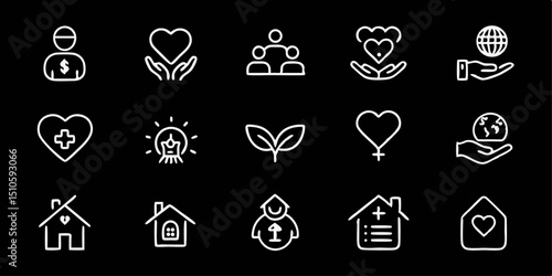 Thin line charity care icon set generous sympathetic design for nonprofit organizations