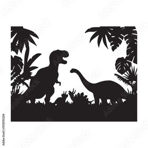 Prehistoric dinosaurs silhouette tropical jungle scene