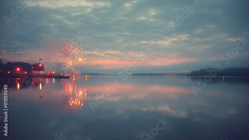 Soft fireworks illuminate calm lake at twilight