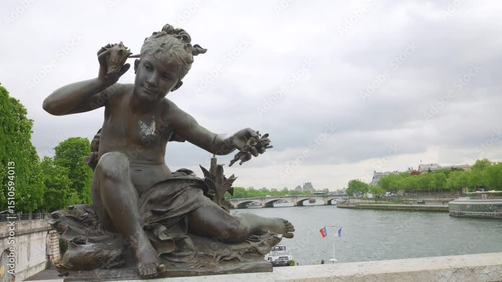 Sculpture of a little girl holding a seashell on the Pont Alexandre III bridge over the Seine River in Paris, France.