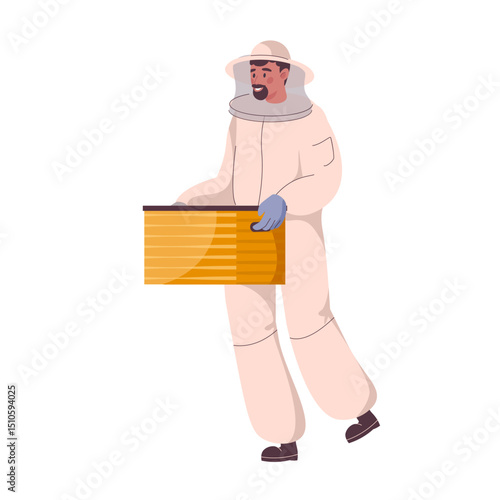 Beekeepers at apiary work with hives and honey bees. Man in beekeepers suit gather honey at apiculture farm. Character holding wooden house or beehive frames, honeycomb. Flat vector illustration.
