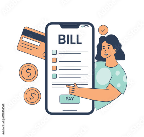 Online bill payment mobile banking transaction credit card money finance digital technology woman pay app vector art illustrations