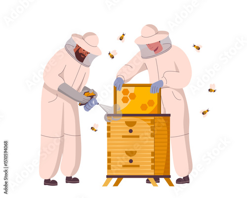 Beekeepers at apiary work with hives and honey bees. People in beekeepers suit gather honey at apiculture farm. Characters using smoker, holding beehive frames, honeycomb. Flat vector illustration.
