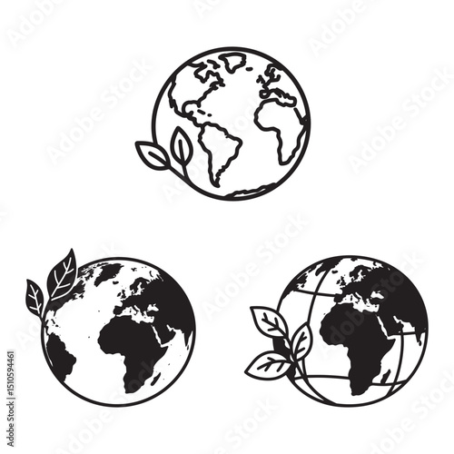 Eco Earth Globe Icon Set – Sustainable Planet Symbols with Leaves for Environmental & Nature Concepts