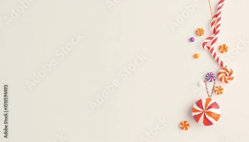 Whimsical Candy Arrangement with Striped Elements on a Soft Neutral Backdrop