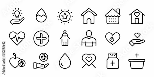 Thin line charity icon design featuring symbols of care generosity and sympathy