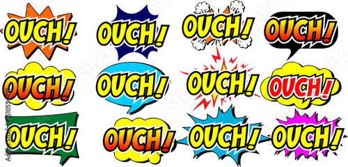 Cartoon comic sign burst clouds. Speech bubble, Ouch sign expression and pop art text frames. Comics mem expressions speech, superhero book Bang label. Isolated vector symbols set
